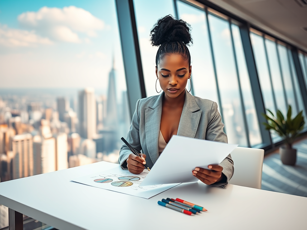 A modern African Bantu woman sketching designs in a high-rise office